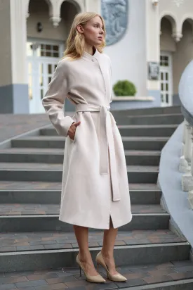 Band Collar Wool Blend Coat in Ivory