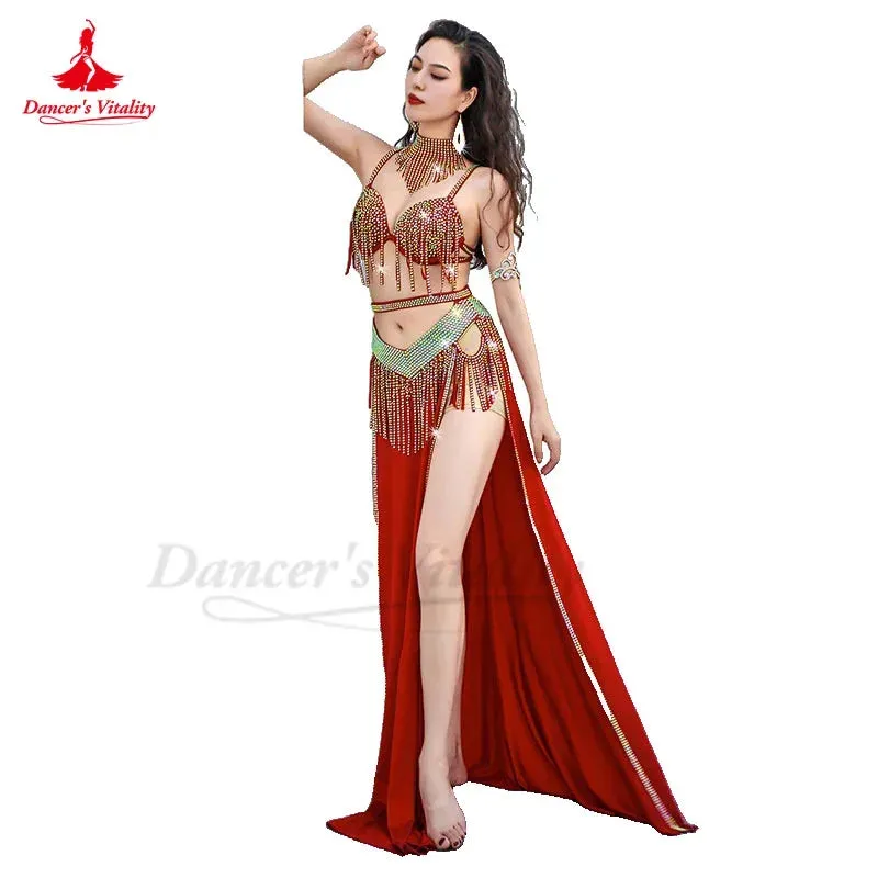 Belly Dance Performance Costume Suit Women Children Customsized AB Stones Bra necklace split Long Skirt 3pcs Bellydance Outfit