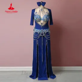 Belly Dance Performance Costumes Robe for Women Customized Spandex Robe diamond Bra  headscarf belt 4pcs Oriental Dancing Outfit