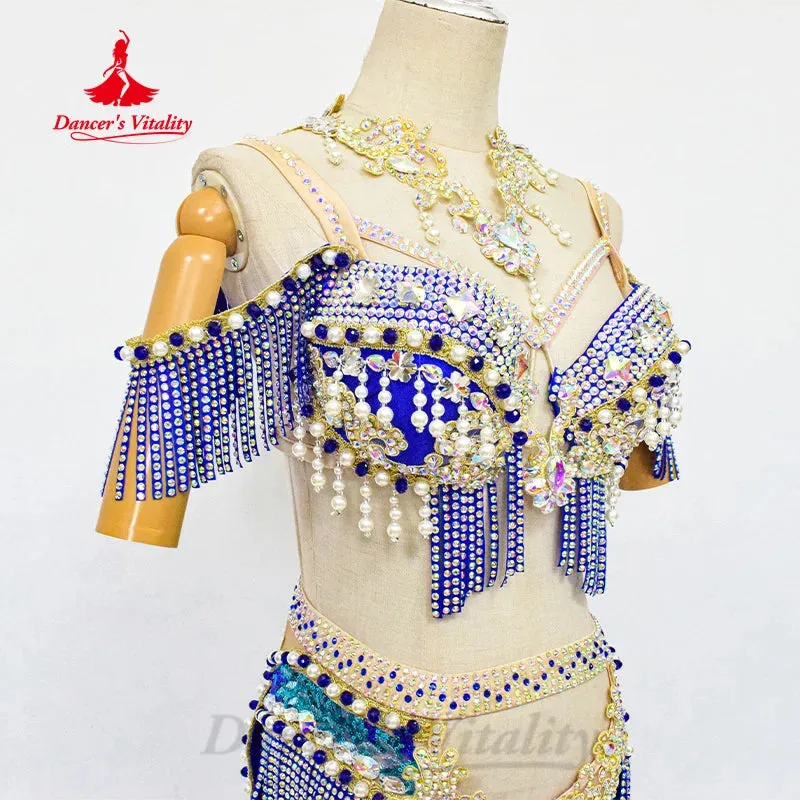 Belly Dance Performance Set Customized Pearl Diamond Bra Sexy Split Tassel Long Skirt 2pcs Oriental Dance Competition Clothing belly dancer outfit belly dance skirt belly dance costume belly dance outfit belly dancer belly dance