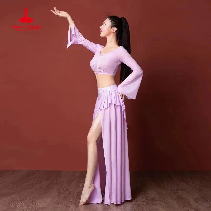 Belly Dance Practice Clothing Customized Trumpet Sleeve Top sexy Slit Long Skirt 2pcs Women Oriental Dance Performance Costumes