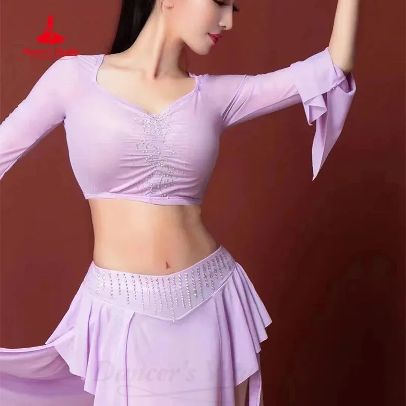 Belly Dance Practice Clothing Customized Trumpet Sleeve Top sexy Slit Long Skirt 2pcs Women Oriental Dance Performance Costumes