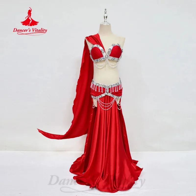 Belly Dancing Performance Costume Women Customized Senior AB Stones Bra tassel Satin Long Skirt 2pcs Oriental Dance Outfit Suit