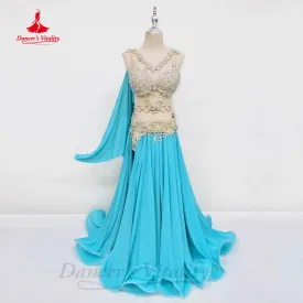 Bellydance Costume Set Customized Luxury AB Stones Bra sexy Split Long Chiffon Skirt 2pcs Oriental Dance Performance Clothing