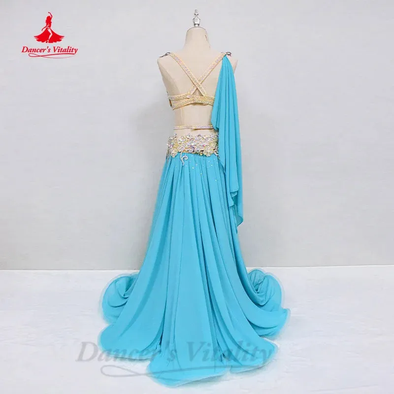 Bellydance Costume Set Customized Luxury AB Stones Bra sexy Split Long Chiffon Skirt 2pcs Oriental Dance Performance Clothing