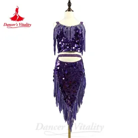 BellyDance Costume Set Customsized Big Sequins Top Sexy Fringe Skirt 2pcs Adult Children Oriental Dance Performance Costumes