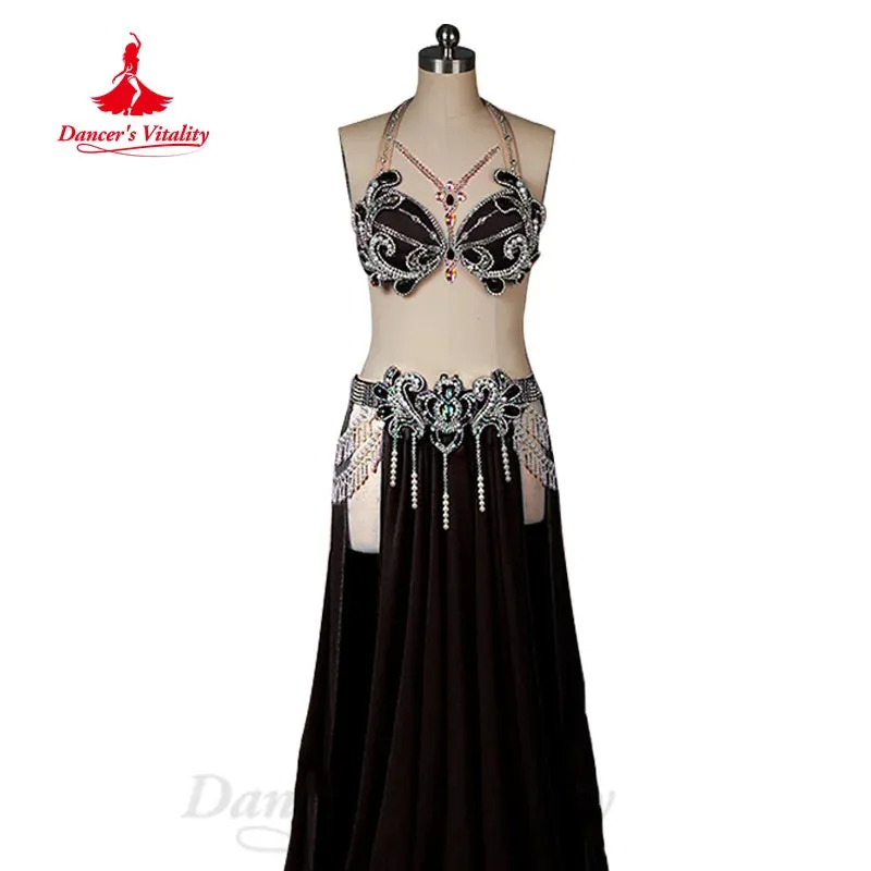 BellyDance Performance Costume Women Customization Luxury Diamond Bra Sexy Split Chiffon Long Skirt 2pcs Oriental Dance Outfit