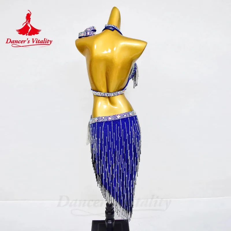 BellyDance Set Women's Customized Senior AB Stones Bra Sexy Tassel Skirt 2pcs Belly Dance Professional Performance Clothing