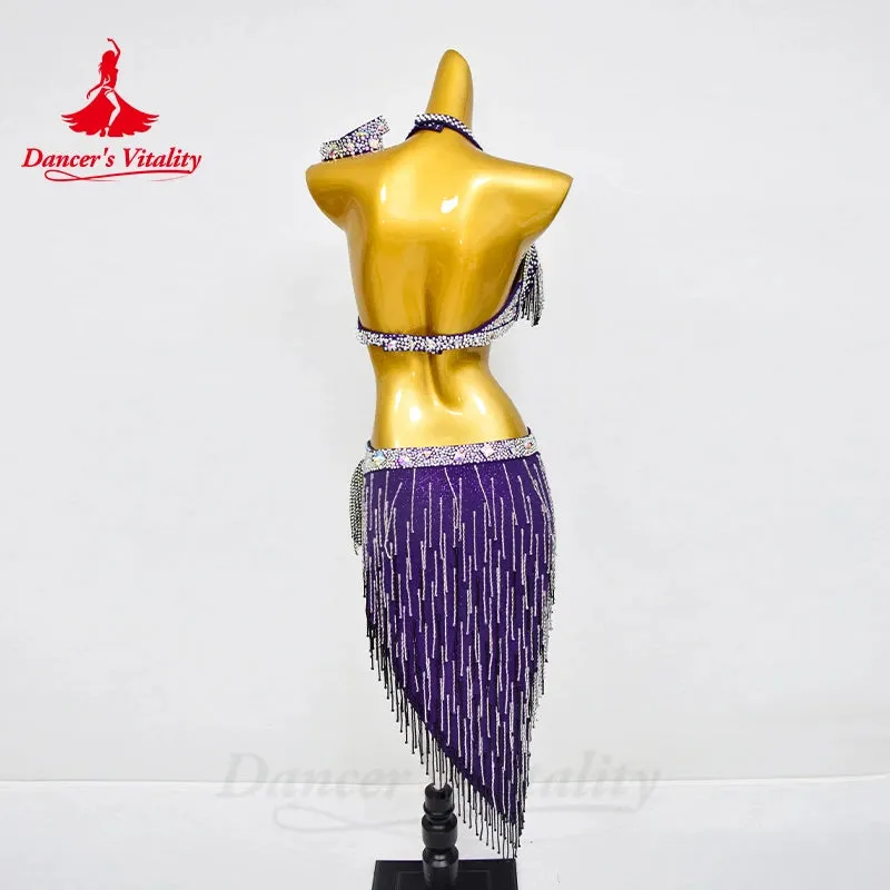 BellyDance Set Women's Customized Senior AB Stones Bra Sexy Tassel Skirt 2pcs Belly Dance Professional Performance Clothing