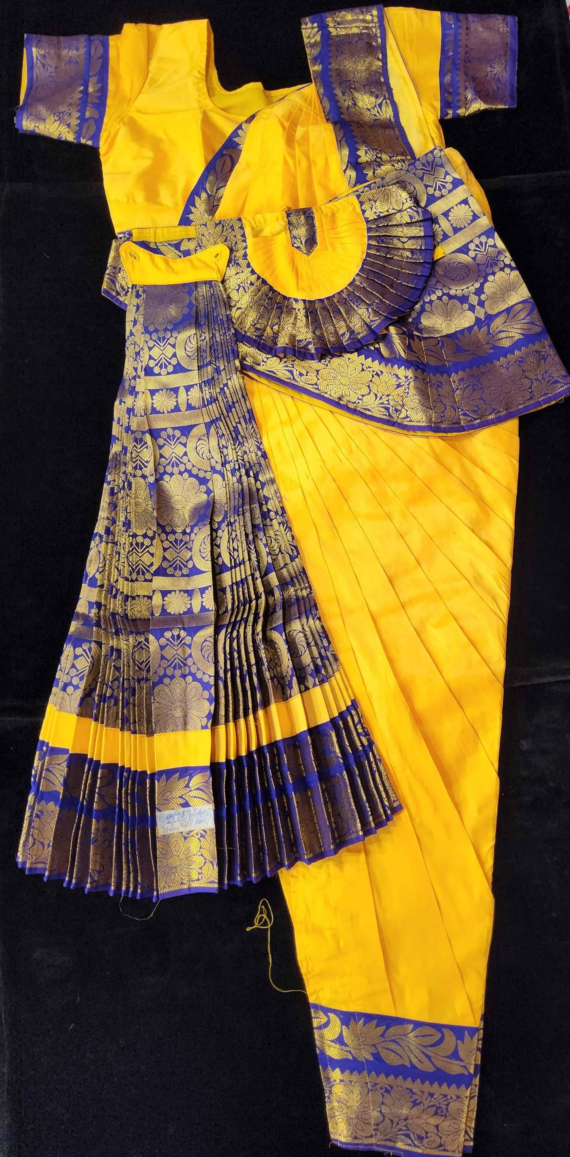 Bharatnatyam Dress | Mango Yellow with Purple | Silk Cotton with Normal Border | Readymade Dance Costume