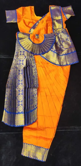 Bharatnatyam Dress | Orange with Blue | Silk Cotton with Normal Border | Readymade Dance Costume