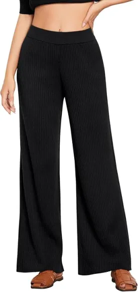 Black Women's Casual Elastic Waist Full Length High Waisted Relaxed Fit Stretch Wide Leg Pants in Acrylic Fibers