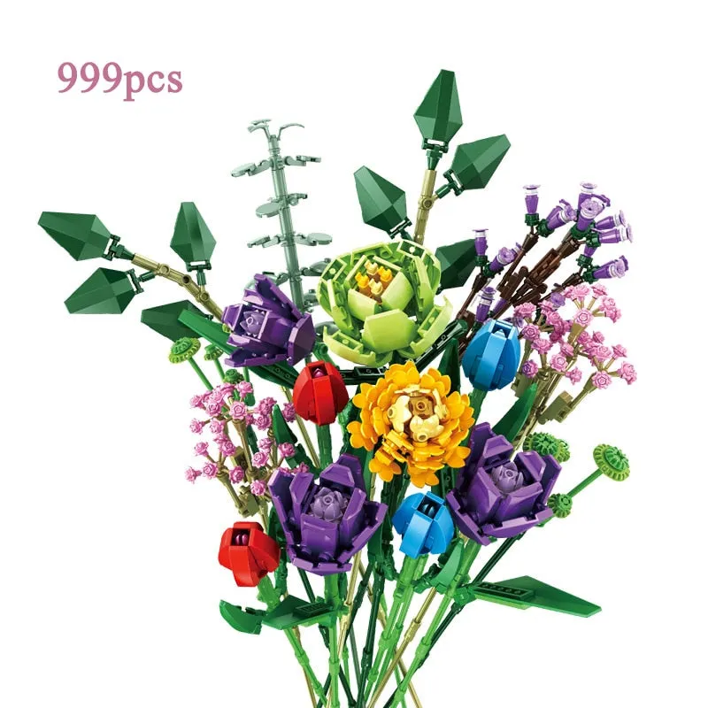 Bouquet DIY Building Blocks Romantic Rose Flower Bonsai Cactus Flower Plant 3D Model Bricks Children's Educational Toy Girl Gift