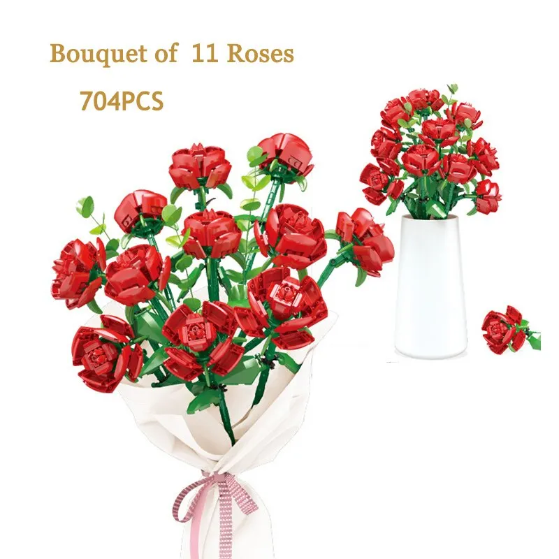 Bouquet DIY Building Blocks Romantic Rose Flower Bonsai Cactus Flower Plant 3D Model Bricks Children's Educational Toy Girl Gift