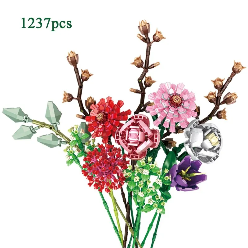 Bouquet DIY Building Blocks Romantic Rose Flower Bonsai Cactus Flower Plant 3D Model Bricks Children's Educational Toy Girl Gift