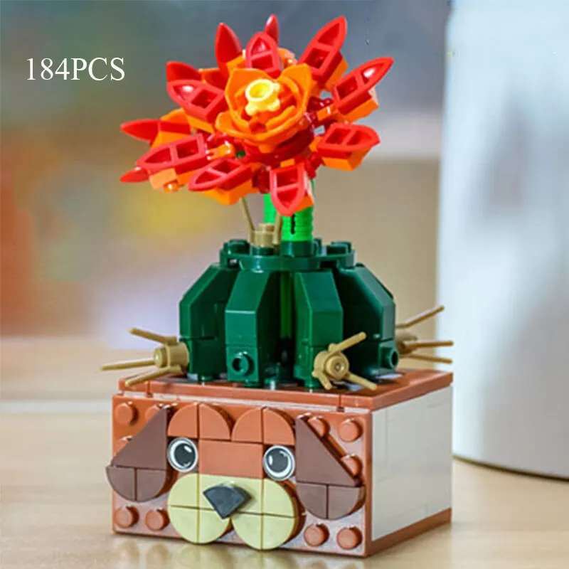 Bouquet DIY Building Blocks Romantic Rose Flower Bonsai Cactus Flower Plant 3D Model Bricks Children's Educational Toy Girl Gift