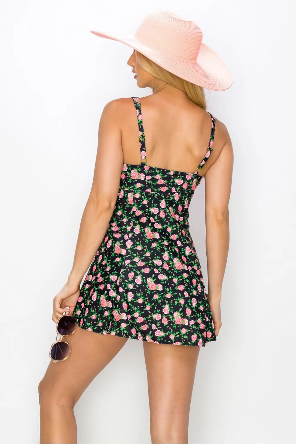 Clear Waters Swim Dress in Black Roses