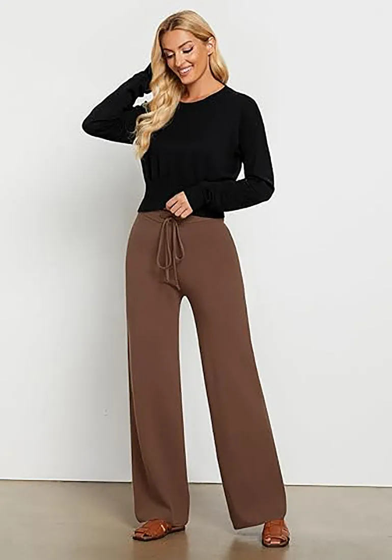 Coffee Women's Full-Length Wide Leg Stretch Casual Pants Elastic Waist Relaxed Fit