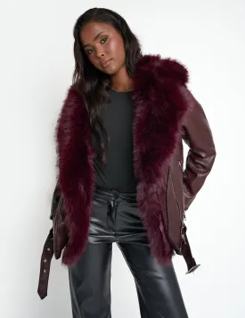 Faux Fur Trim Aviator Jacket Burgundy