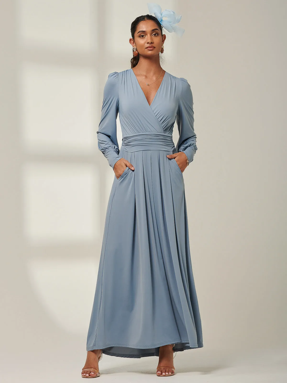 Giulia Long Sleeve Maxi Dress, Steel Blue