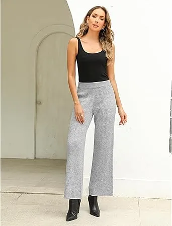 Heather Gray Women's Casual Elastic Waist Full Length High Waisted Relaxed Fit Stretch Wide Leg Pants in Acrylic Fibers