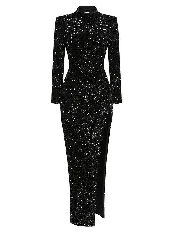 Hester Long Sleeve Side Slit Sequined Maxi Dress