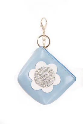 Leather Look Flower Diamante Zip Purse Bag Charm Keyring