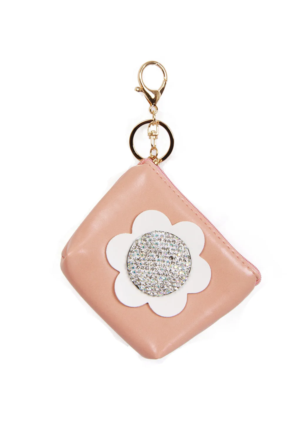 Leather Look Flower Diamante Zip Purse Bag Charm Keyring