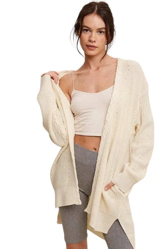 Listicle cable knit open cardigan