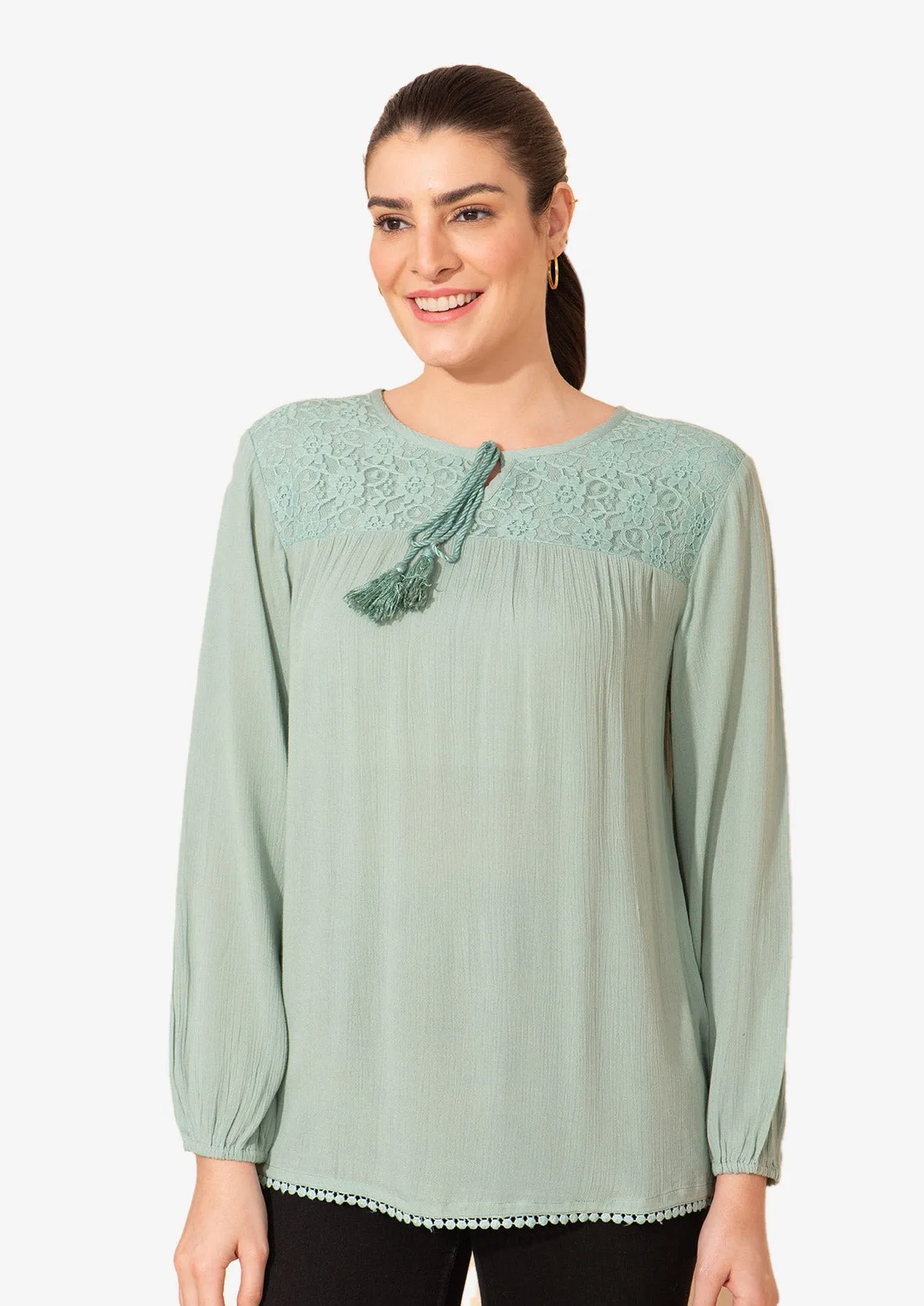 Long Sleeved Top With Broderie Yoke