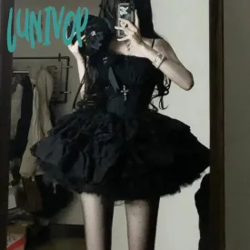 Lunivop aesthetic halloween costumes Black Tube Top Dress 2024 New Pure Sweet Sexy Waist Slimming Performance Uniform Princess Pettiskirt