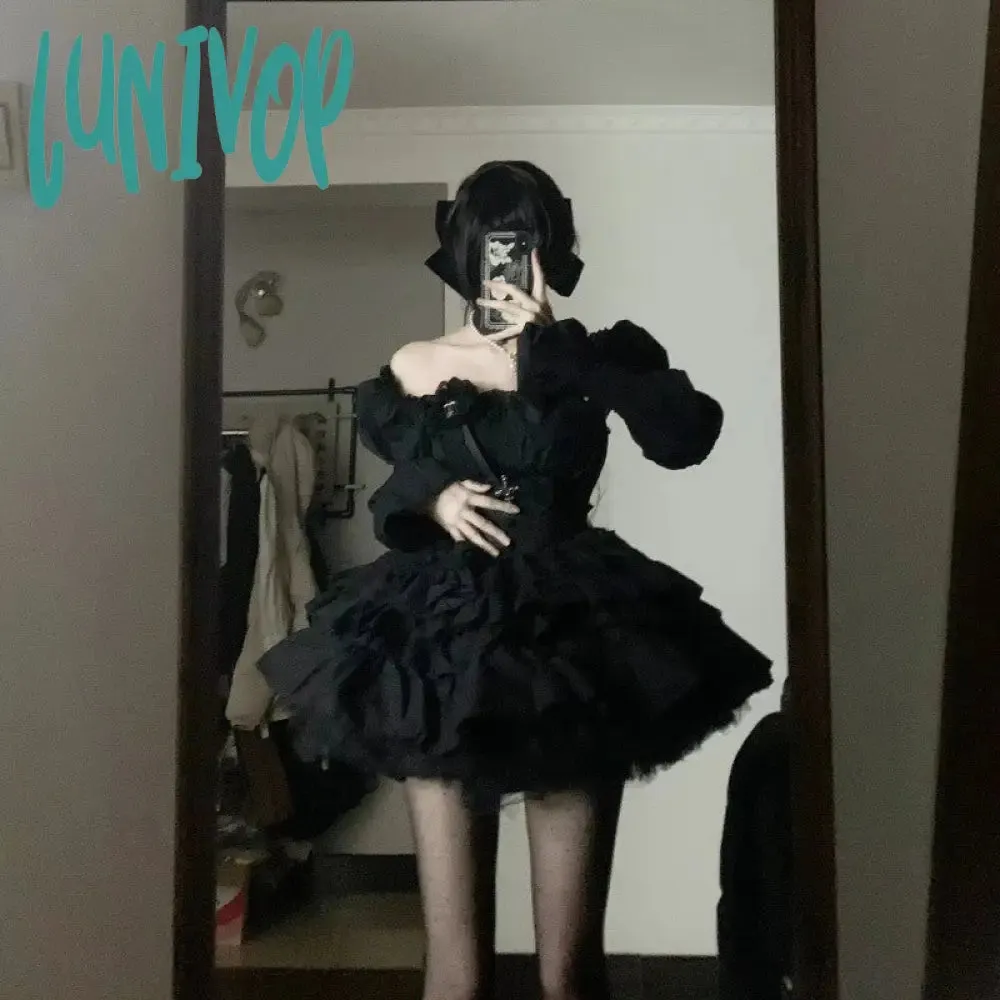 Lunivop aesthetic halloween costumes Black Tube Top Dress 2024 New Pure Sweet Sexy Waist Slimming Performance Uniform Princess Pettiskirt