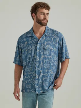 Men's Wrangler Coconut Cowboy Blue Western Print Snap Shirt