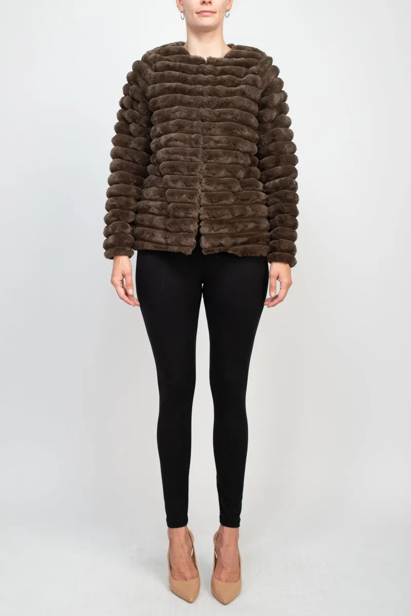 Nina Leonard crew neck hook closure long sleeve ribbed faux fur jacket