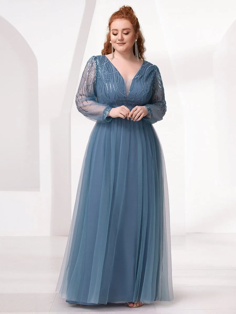 Plus Size Sequin Bodice Long Sleeve Tulle Evening Dress