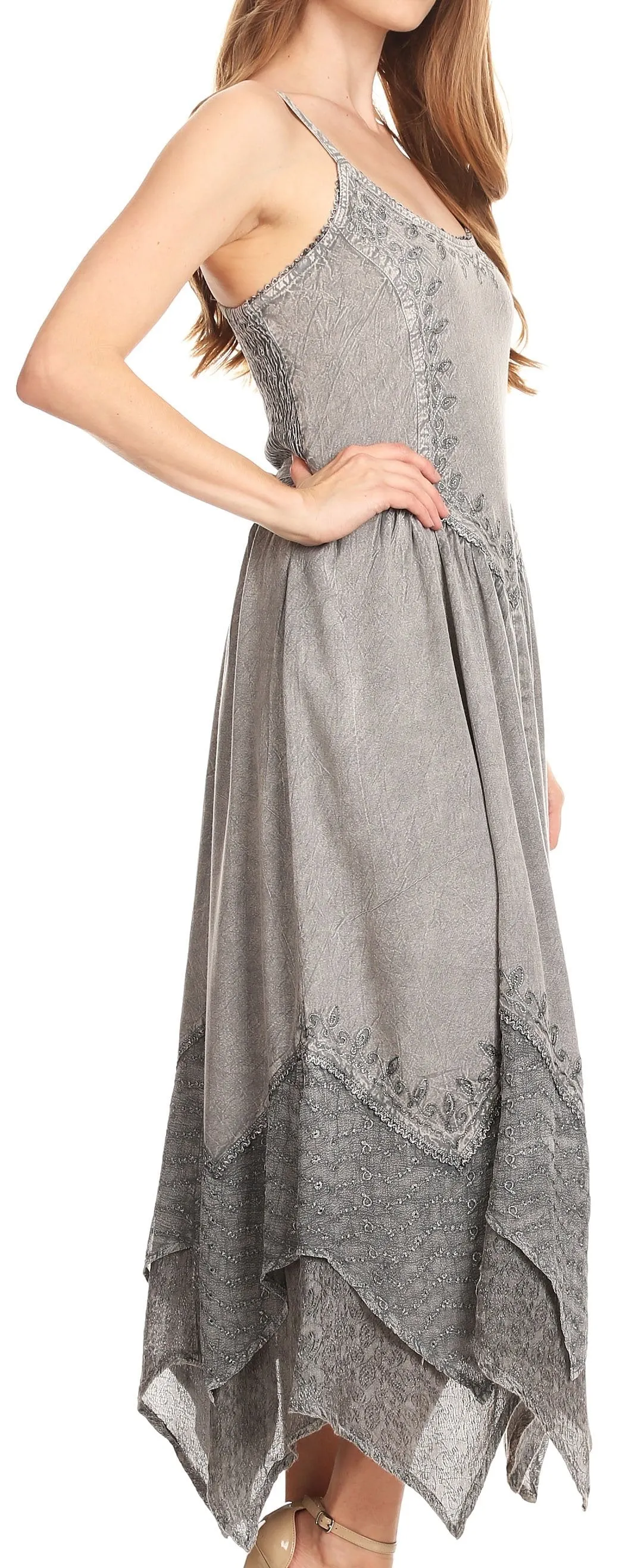 Sakkas Rayon Embroidered Stonewashed Adjustable Spaghetti Straps Long Dress