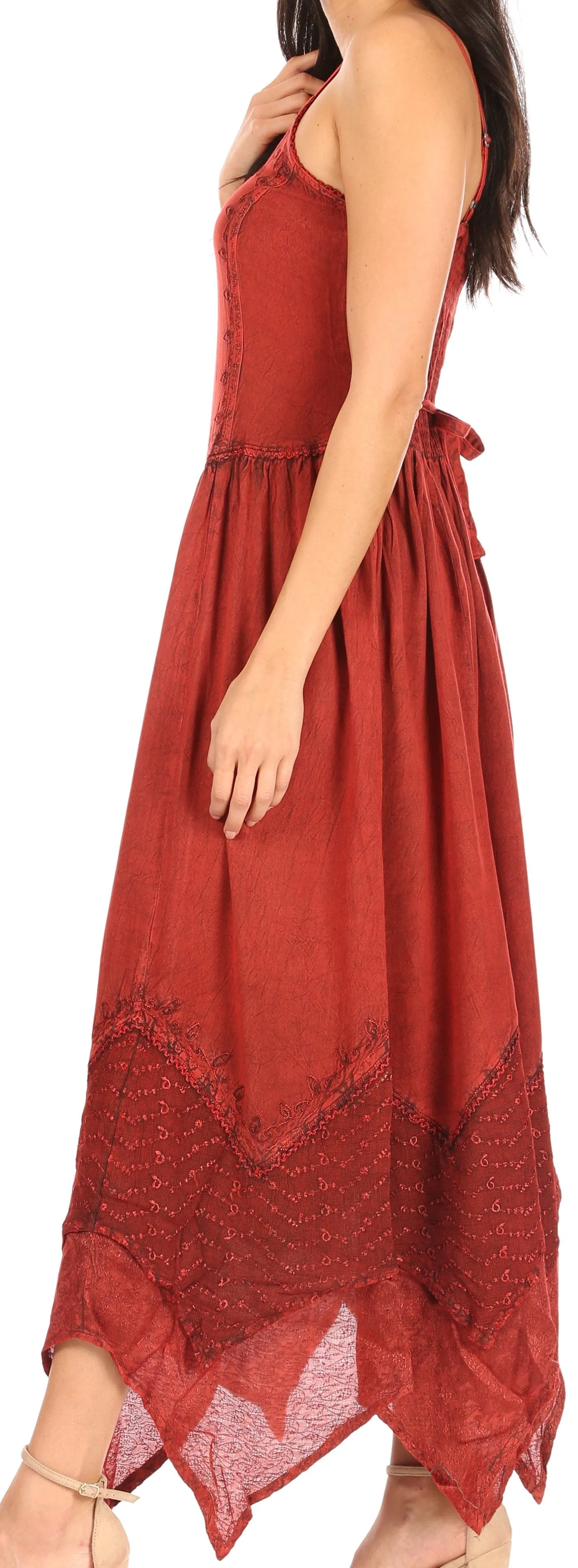 Sakkas Rayon Embroidered Stonewashed Adjustable Spaghetti Straps Long Dress