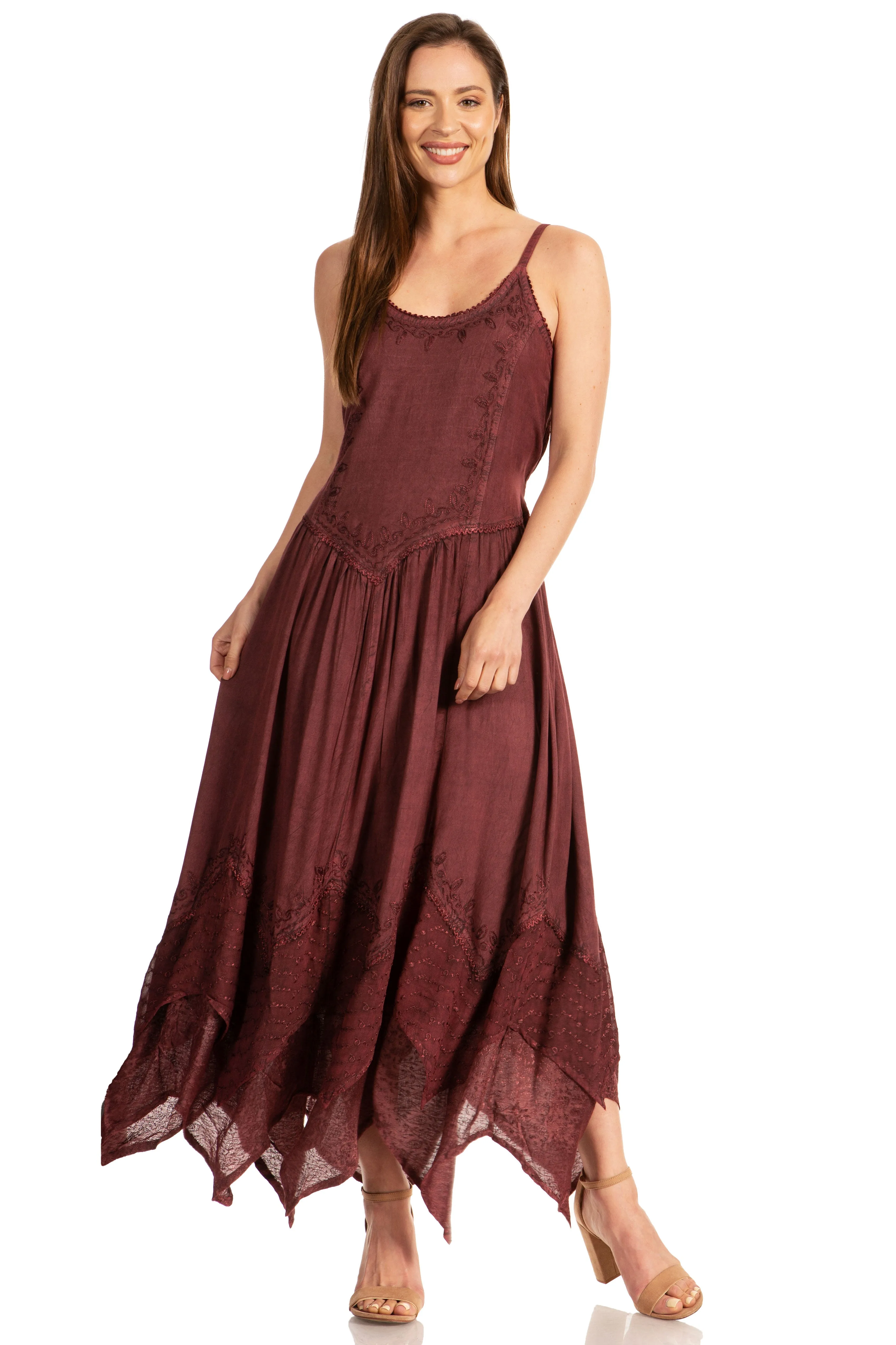 Sakkas Rayon Embroidered Stonewashed Adjustable Spaghetti Straps Long Dress