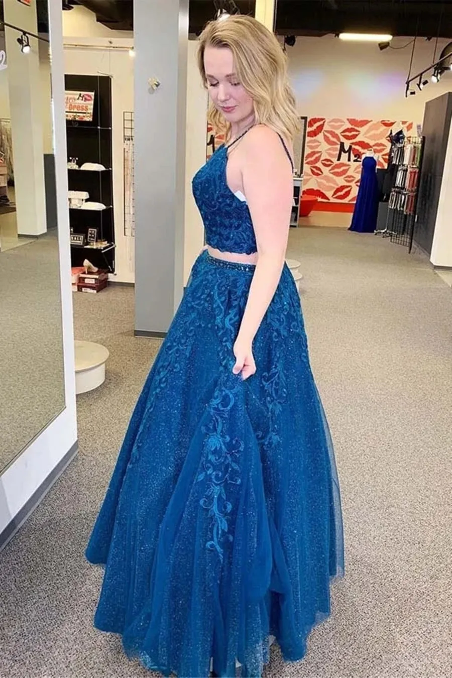 Sparkly A Line V Neck Two Pieces Lace Appliques Blue Prom, Two Pieces Lace Blue Formal, Blue Lace Evening