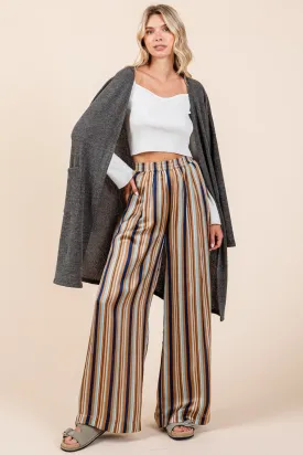 Striped Satin Elastic Waist Wide Leg Pants