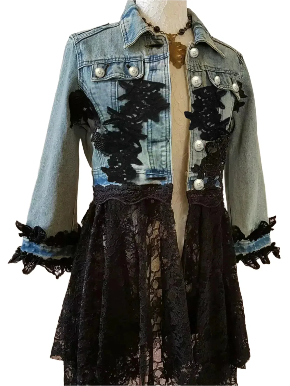 TEEK - Button Up Lace Patchwork Denim Jacket