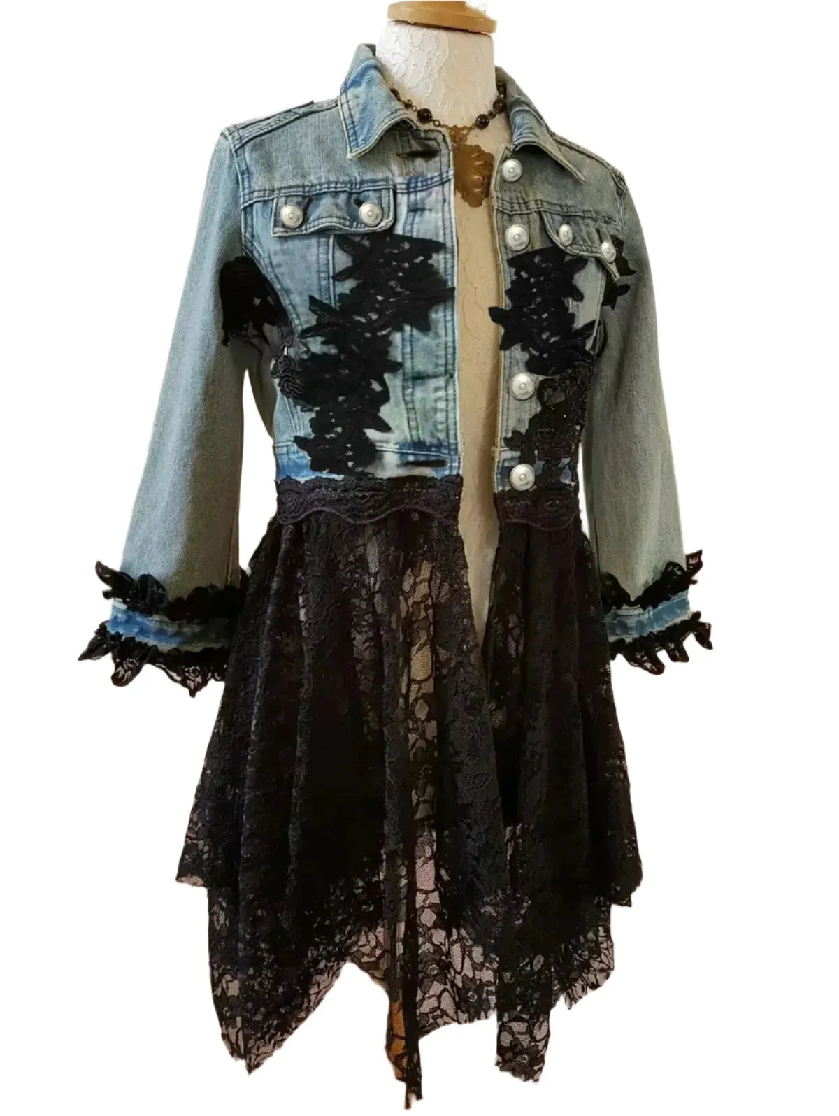 TEEK - Button Up Lace Patchwork Denim Jacket