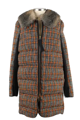 Wool Tweed Down Coat W/ Fur Collar